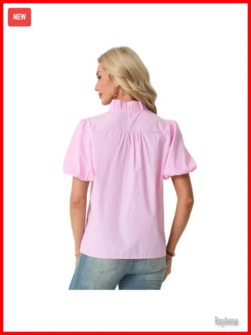 Short Puff Sleeve Button Down Blouse Ruffle Stand Collar Business Casual Preppy - Picture 2 of 6